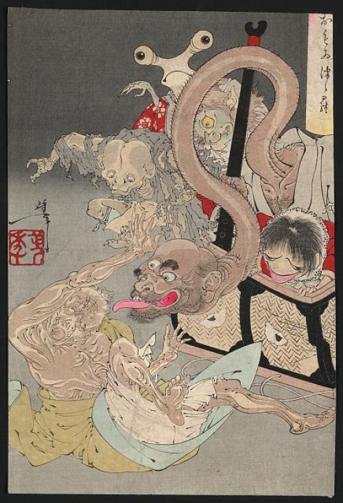 "Pandora's Box" (omoi tsuzura and yokubari obasan), woodcut print by Yoshitoshi Taiso, circa 1880; courtesy Library of Congress