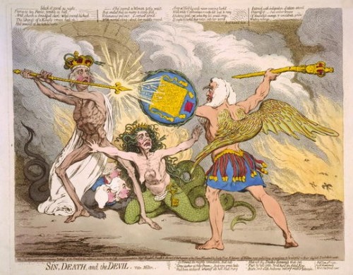 "Sin, Death, and the Devil—vide Milton," hand-colored print by James Gillray, 1792; courtesy Library of Congress