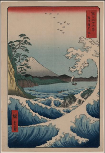 Wave painting titled “Suruga Satta no kaijō” by Katsushika Hokusai