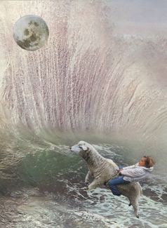 Collage showing a girl riding a lamb into a wave with the moon overhead
