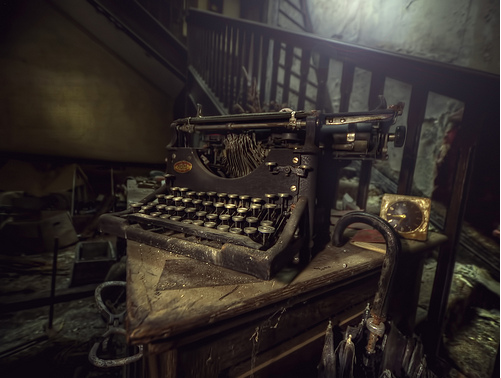 Dusty typewriter in an abandoned home