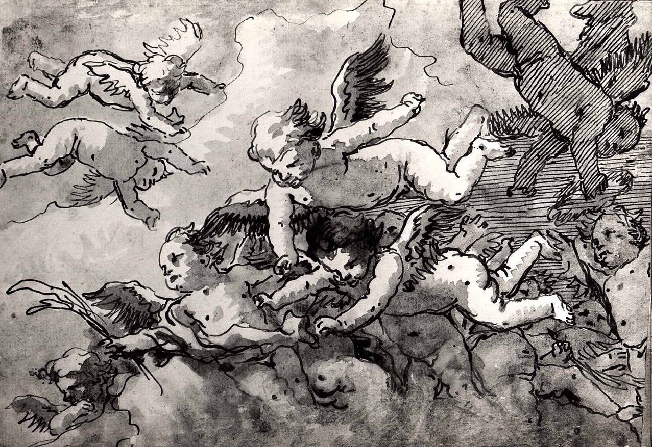 “A Flock of Winged Cherubs in the Sky, One Holding a Martyr's Palm” © Giovanni Domenico Tiepolo; public domain