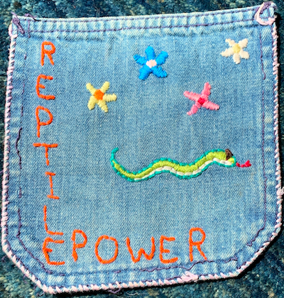 “Embroidered Jeans Pocket (Reptile Power)” © Wendy Townsend; used by permission